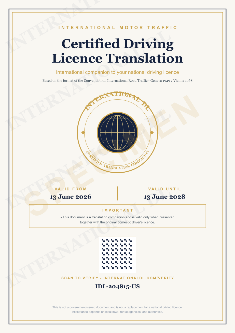 Sample International Driving Permit cover (specimen)